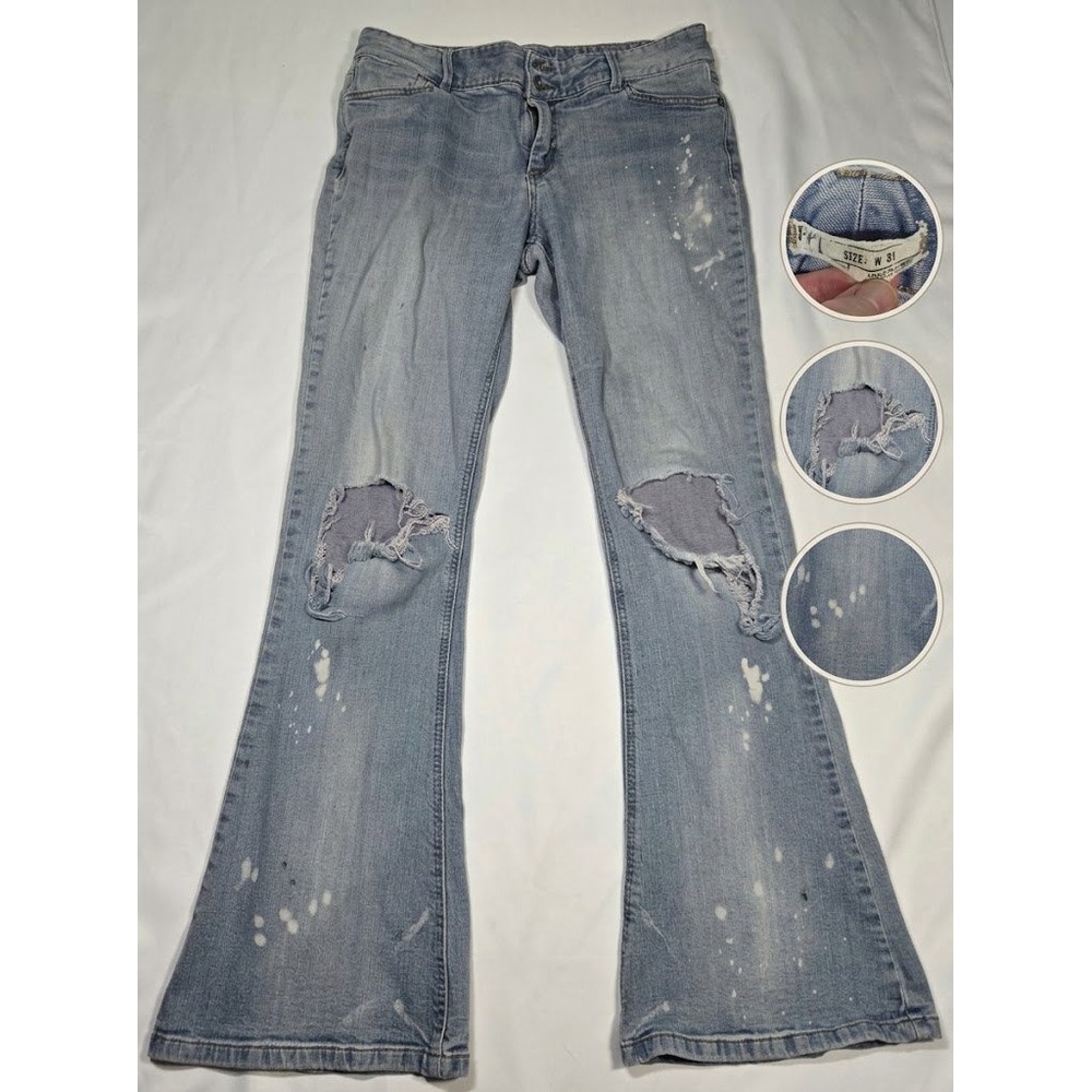 Free People Flare Jeans W31 Light Wash Thrashed Ripped Bleach Splatter Boho Y2K